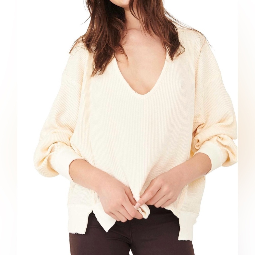 Free People Buttercup Thermal Top XS Oatmeal Waffle Knit V-Neck